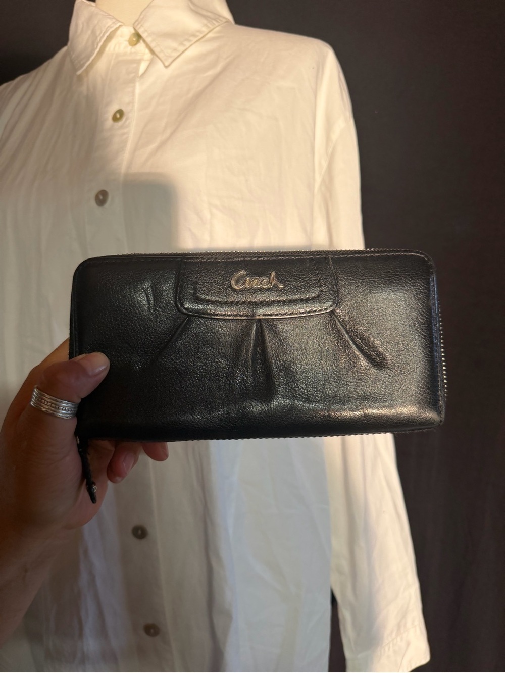 Coach Black Leather Zip Wallet with Gold Logo